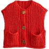 image:imageWomens Knit Vest Tops Sleeveless Cropped Chunky Sweater Vests Botton Down Lightweight Cardigan with PocketsRed