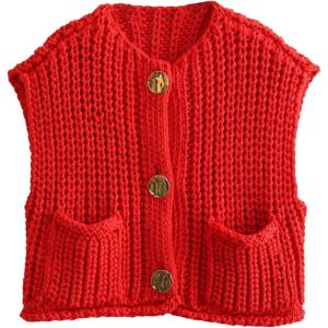 image:imageWomens Knit Vest Tops Sleeveless Cropped Chunky Sweater Vests Botton Down Lightweight Cardigan with PocketsRed