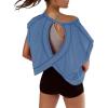 image:imageKumufenc Women Short Sleeve Workout Shirts Open Back Tops Casual Yoga Y2k Athletic Gym Slouchy Crop Running TeesBlue