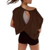 image:imageKumufenc Women Short Sleeve Workout Shirts Open Back Tops Casual Yoga Y2k Athletic Gym Slouchy Crop Running TeesCoffee