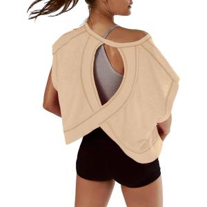 image:imageKumufenc Women Short Sleeve Workout Shirts Open Back Tops Casual Yoga Y2k Athletic Gym Slouchy Crop Running TeesApricot