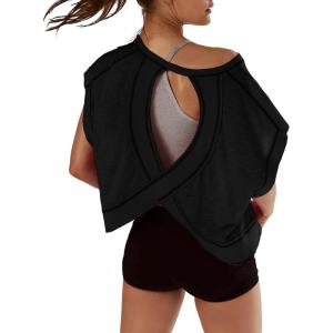 image:imageKumufenc Women Short Sleeve Workout Shirts Open Back Tops Casual Yoga Y2k Athletic Gym Slouchy Crop Running TeesBlack