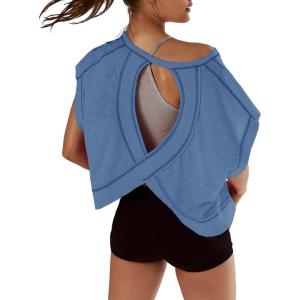 image:imageKumufenc Women Short Sleeve Workout Shirts Open Back Tops Casual Yoga Y2k Athletic Gym Slouchy Crop Running TeesBlue
