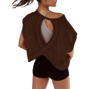 image:imageKumufenc Women Short Sleeve Workout Shirts Open Back Tops Casual Yoga Y2k Athletic Gym Slouchy Crop Running TeesCoffee