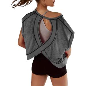 image:imageKumufenc Women Short Sleeve Workout Shirts Open Back Tops Casual Yoga Y2k Athletic Gym Slouchy Crop Running TeesDark Grey