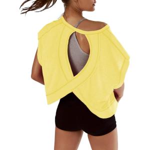 image:imageKumufenc Women Short Sleeve Workout Shirts Open Back Tops Casual Yoga Y2k Athletic Gym Slouchy Crop Running TeesDeep Yellow