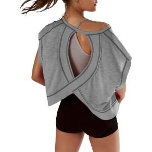 image:imageKumufenc Women Short Sleeve Workout Shirts Open Back Tops Casual Yoga Y2k Athletic Gym Slouchy Crop Running TeesGrey