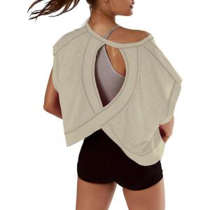 image:imageKumufenc Women Short Sleeve Workout Shirts Open Back Tops Casual Yoga Y2k Athletic Gym Slouchy Crop Running TeesLightbrown
