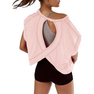 image:imageKumufenc Women Short Sleeve Workout Shirts Open Back Tops Casual Yoga Y2k Athletic Gym Slouchy Crop Running TeesPink