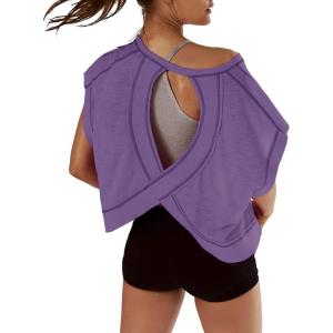 image:imageKumufenc Women Short Sleeve Workout Shirts Open Back Tops Casual Yoga Y2k Athletic Gym Slouchy Crop Running TeesPurple