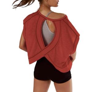 image:imageKumufenc Women Short Sleeve Workout Shirts Open Back Tops Casual Yoga Y2k Athletic Gym Slouchy Crop Running TeesRed