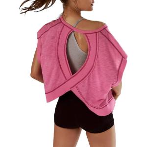 image:imageKumufenc Women Short Sleeve Workout Shirts Open Back Tops Casual Yoga Y2k Athletic Gym Slouchy Crop Running TeesRose Red