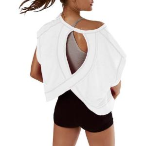 image:imageKumufenc Women Short Sleeve Workout Shirts Open Back Tops Casual Yoga Y2k Athletic Gym Slouchy Crop Running TeesWhite