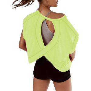 image:imageKumufenc Women Short Sleeve Workout Shirts Open Back Tops Casual Yoga Y2k Athletic Gym Slouchy Crop Running TeesYellow Green