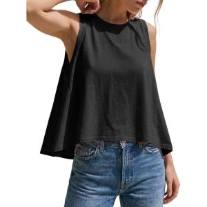 image:imageKumufenc Women Summer Casual Flowy Tops Loosefit Crop Tank Tops Sleeveless Crewneck High Low TopBlack