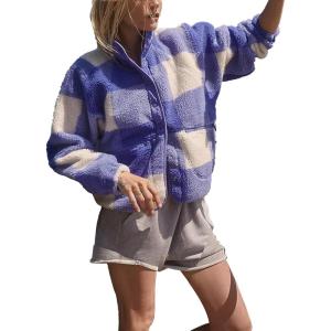 image:imageKumufenc Printed Sherpa Jacket for Women Long Sleeve Button Down Fuzzy Fleece Coat Y2K Outerwear with PocketsPurple