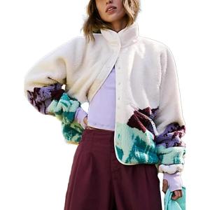 image:imageKumufenc Printed Sherpa Jacket for Women Long Sleeve Button Down Fuzzy Fleece Coat Y2K Outerwear with PocketsWhite Green