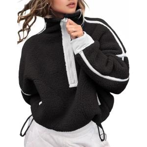 image:imageKumufenc Womens Fleece Sweatshirts Half Zip Pullover Long Sleeve Oversized Workout Crop Tops Hoodie With PocketBlack