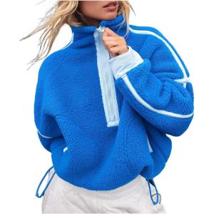 image:imageKumufenc Womens Fleece Sweatshirts Half Zip Pullover Long Sleeve Oversized Workout Crop Tops Hoodie With PocketBlue