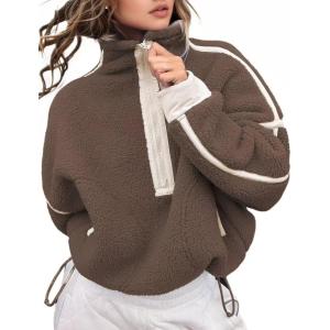 image:imageKumufenc Womens Fleece Sweatshirts Half Zip Pullover Long Sleeve Oversized Workout Crop Tops Hoodie With PocketBrown