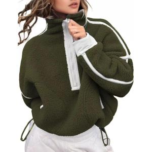 image:imageKumufenc Womens Fleece Sweatshirts Half Zip Pullover Long Sleeve Oversized Workout Crop Tops Hoodie With PocketGreen