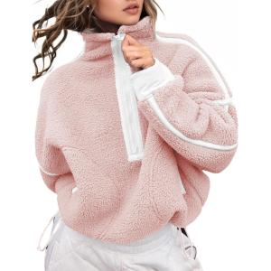 image:imageKumufenc Womens Fleece Sweatshirts Half Zip Pullover Long Sleeve Oversized Workout Crop Tops Hoodie With PocketPink