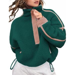 image:imageKumufenc Womens Fleece Sweatshirts Half Zip Pullover Long Sleeve Oversized Workout Crop Tops Hoodie With PocketPinkgreen