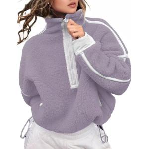 image:imageKumufenc Womens Fleece Sweatshirts Half Zip Pullover Long Sleeve Oversized Workout Crop Tops Hoodie With PocketPurple