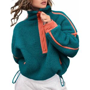 image:imageKumufenc Womens Fleece Sweatshirts Half Zip Pullover Long Sleeve Oversized Workout Crop Tops Hoodie With PocketRedgreen
