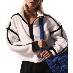 image:imageKumufenc Womens Fleece Sweatshirts Half Zip Pullover Long Sleeve Oversized Workout Crop Tops Hoodie With PocketWhite Black