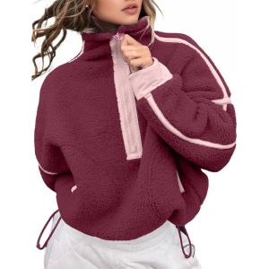 image:imageKumufenc Womens Fleece Sweatshirts Half Zip Pullover Long Sleeve Oversized Workout Crop Tops Hoodie With PocketWine