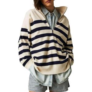 image:imageKumufenc Womens Oversized Long Sleeve Sweaters Quarter Zip Pullover Hoodies Striped Color Block SweatshirtsBlue