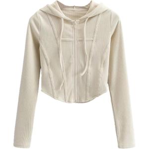 image:imageKumufenc Womens Full Zip Running Jacket Corset Casual Long Sleeve Workout Zip Up Bustier Crop Hoodie Tops