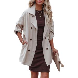 image:imageKumufenc Womens Casual Double Breasted Long Sleeve Trench Coat Lapel Solid Color Loose Jacket Coat with Pockets