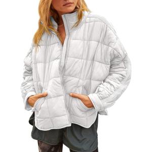 image:imageKumufenc Womens Oversized Lightweight Quilted Down Coat Long Sleeve Zip Packable Short Puffer Jackets